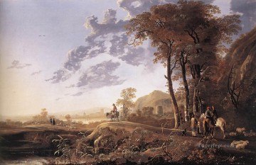 Horse Painting - Evening landscape With Horsemen And Shepherds countryside scenery painter Aelbert Cuyp